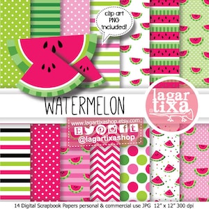 Puede incluir: 14 papeles digitales para scrapbooking con patrones de sandía en rosa, verde y blanco. Los papeles miden 12 pulgadas por 12 pulgadas y 300 dpi. Clip art PNG incluido.