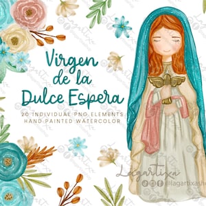 Virgen de la Dulce Espera | Pregnant Virgin Mary | Watercolor Florals Arrangements Clipart PNG For First Communion Baptism Religious events