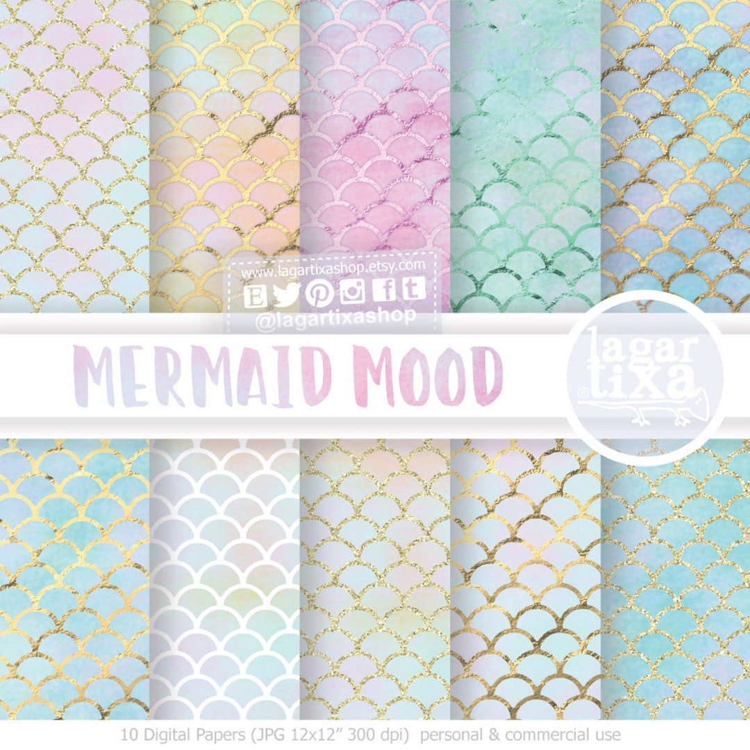 Pastel Digital Paper Mermaids Scales Patterns Mint Purple Pink Gold ...