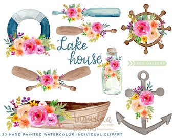 Floral Nautical Watercolor Clipart Lake House Clipart Anchor Marine navy Ahoy! Oars Anchor ship helm Boat message in a bottle per inviti