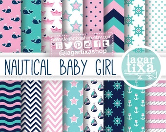 Papel Digital Fondo Naval Rosa Turquesa Niña Bebé Azul Marino Chevron Zigzag Puntos Timones anclas Nautico Estrellas cuerdas Mar Marina