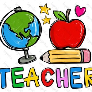 K&ouml;nnte beinhalten: Eine bunte Illustration des Wortes "TEACHER" mit einem Globus, einem Apfel und einem Bleistift. Der Globus ist blau und gr&uuml;n, der Apfel ist rot und der Bleistift ist gelb mit einem rosa Radiergummi.