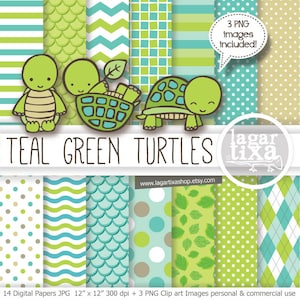 Digitales Papier Hintergründe Green Lemon Teal Türkis Blau Grün Mosaike Blätter Wasser Argyle Polka Dots Bälle Turtle Clip Art Baby Shower