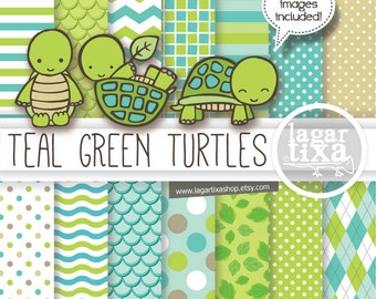 Baby Turtles Sublimation Digital Paper and Clip art teal green turquoise lime Baby Shower I'ts a boy birthday argyle polka dots water waves