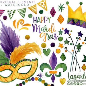 Aquarel Mardi Gras, maskers, carnaval veren, Fleur de Lys New Orleans Festival partijen, Louisiana clipart, PNG, vrijgezellenfeest