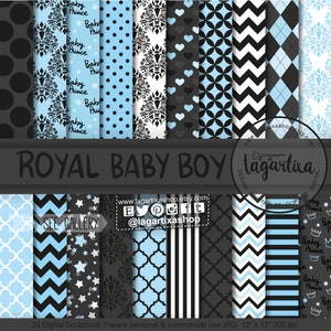 Babyblått och svart, digitalt papper, digitala bakgrunder, damast, chevron, prickar, linjer, bollar, marockanskt, för babyshower-utskrift