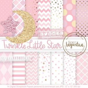 Digitaal Papier Roze Achtergronden Sterren, Pastel Roze, Goud, Goud, Glitter, Lijnen, Star Glitter, Maan, Banner, Clip art, png, Design