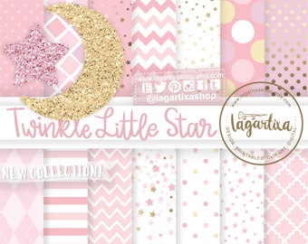 Pink Twinkle Little Star Birthday patterns, Pale girly Baby Shower, Digital Paper, Glitter Moon, star clipart, first birthday, baby girl