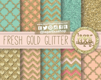 Gold Coral Mint Teal Glitter Turquoise Salmon Peach Digital Paper Background Chevron hearts Scrapbooking Blog invitations thank you cards