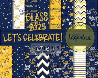 Hintergründe für Abschlussfeiern, Gelb, Marineblau und Goldglitzer, Sprüche, Absolventen, Chevron-Muster, Sterne, Streifen, Hut und Talar | Digital