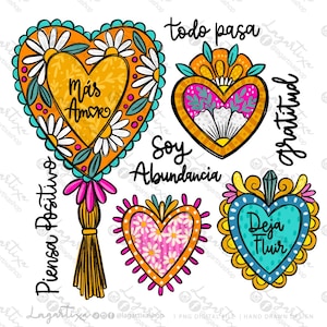 Cuori messicani per DTF/Sublimazione - Disegno digitale fatto a mano in stile messicano 1 PNG, Cuori colorati con frasi motivazionali