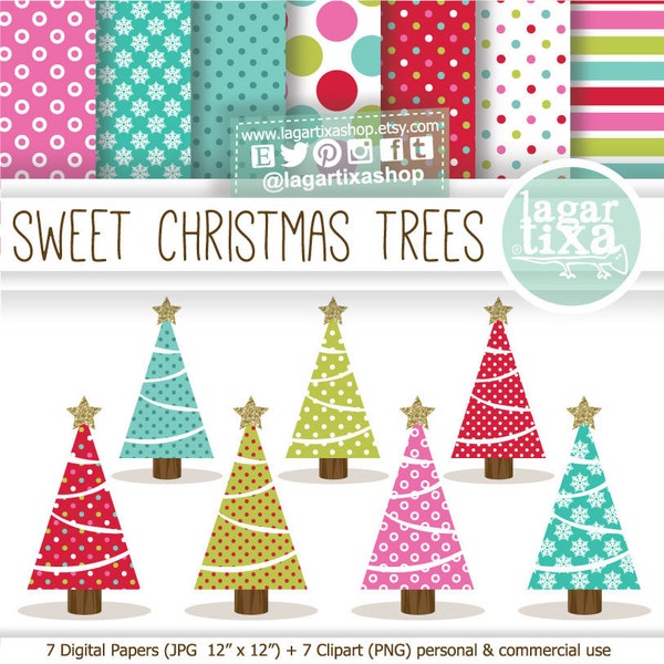 Christmas Patterns Trees Clip art Digital Papers Red Pink Turquoise Teal Green Glitter Star scrapbooking Greeting Cards Invitations labels