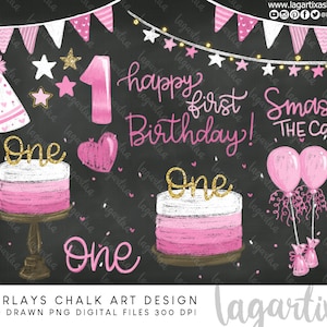 Smash Cake Pink Clipart Bilder Kreide Mädchen 1 Erster Geburtstag Kuchen Beanie Ballon Luftschlangen Wimpelkette Digitales Papier Tafel Schiefer