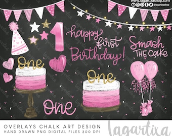 Girly Smash the Cake Pink Overlays Chalk Art Birthday Sidewalk Party Clip art Cake Party Hat Banner Balloons invitation Photography stickers
