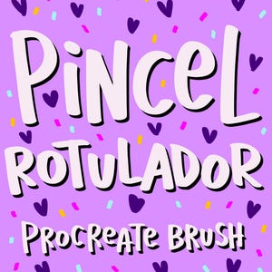 Puede incluir: Gráfico de arte digital sobre fondo lavanda. El texto "PINCEL ROTULADOR PROCREATE BRUSH" está en blanco, con una fuente juguetona. El diseño incluye corazones morados y confeti colorido.