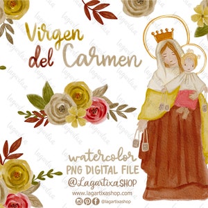 Virgen del Carmen Patrona de Chile Acuarela Clipart PNG para Bautizo Primera Comunion Santitos pintada a mano Flores Rosas Lagartixa Shop