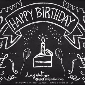 Images clipart à la craie fête d'anniversaire gâteau chapeaux ballons banderoles drapeaux cupcakes bougies papier numérique tableau noir pizzarra