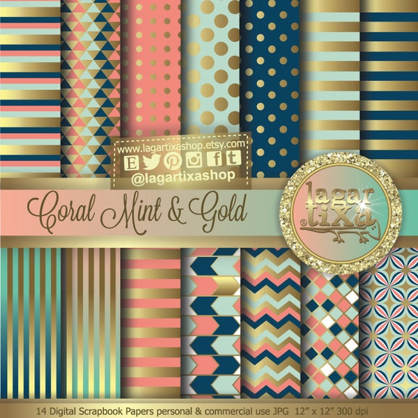 Gold Coral Mint Teal Navy blue Marine Salmon Peach Digital Paper Background Nautical  dots Scrapbooking Blog invitations thank you cards
