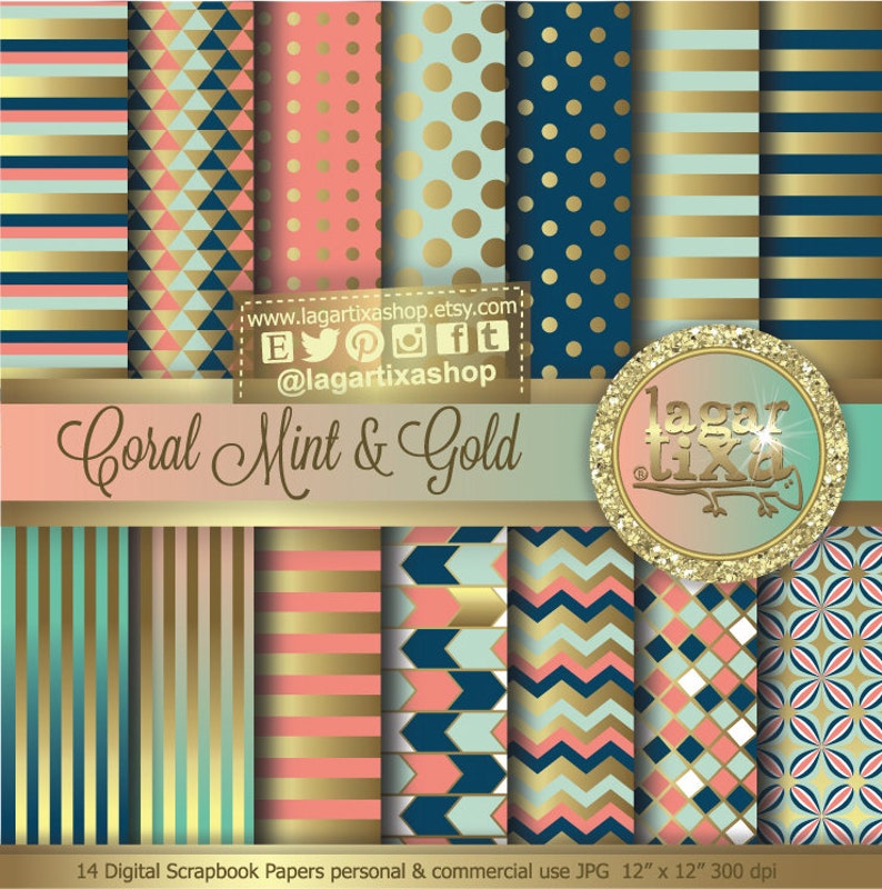 Gold Coral Mint Teal Navy blue Marine Salmon Peach Digital Paper Background Nautical  dots Scrapbooking Blog invitations thank you cards 