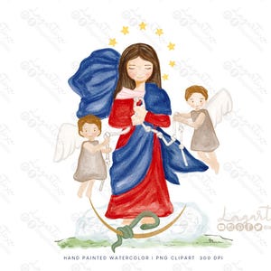 Vergine Maria che scioglie i nodi, acquerello dipinto a mano, clipart PNG di fiori, immagini per inviti al battesimo o alla prima comunione | Angeli