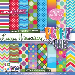 May include: 16 digital scrapbook papers with a Luau Hawaiian theme. The papers feature various patterns including stripes, polka dots, flowers, and waves. The papers are 12 inches by 12 inches and 300 dpi.