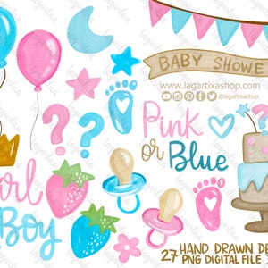 Gender Reveal Clipart PNG Blau oder Pink Boy Girl Team Hand drawn Watercolor Digital Files Baby Shower Baby Foot Balloon Cake Schnuller Krone