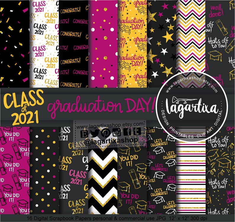 polka dots congrats stars stripes chevron Graduation Class of 2021 Digital Paper Black Gold Glitter Graduation Cap Diploma confetti