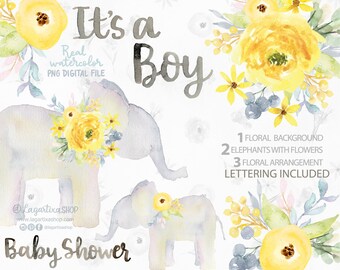 Elephant PNG Gray Yellow Floral Watercolor for invitations baby shower printables event decoration, newborn nursery decor, wall art, cute