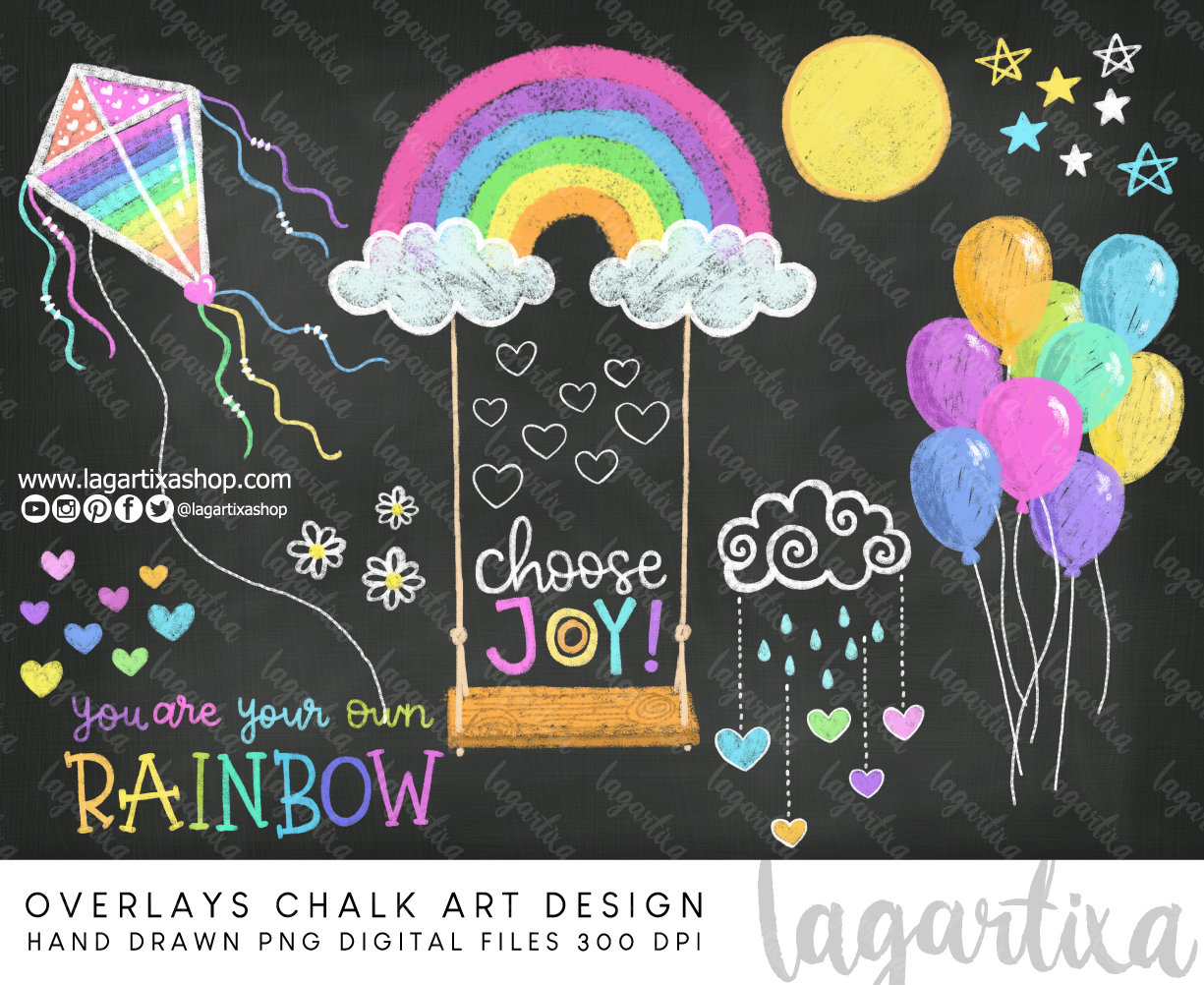 Überlagert Regenbogen-Kreideschaukel, Luftballons, Blumen, Sterne, Wolken, Schriftsätze für Fotos, Kinder, Familie, handgefertigte Zeichnungen