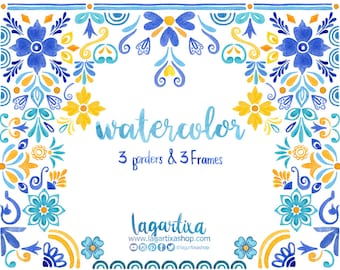 Cobalt Yellow Watercolor Tiles, hand painted Floral clipart PNG Fiesta party 5 de mayo flowers hand painted, cinco de mayo, colorful, summer