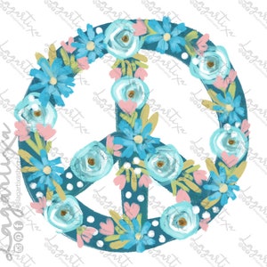 Floral vredesteken liefde olieverfschilderij digitaal ontwerp voor sublimatie, Instant Download, met de hand geschilderd, blauwe, witte bloemen, t-shirt design,