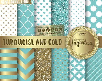 Turquoise & Gold Digital Paper Background teal Chevron Polka dots hearts Quatrefoil Scrapbooking for Blog  invitations cards