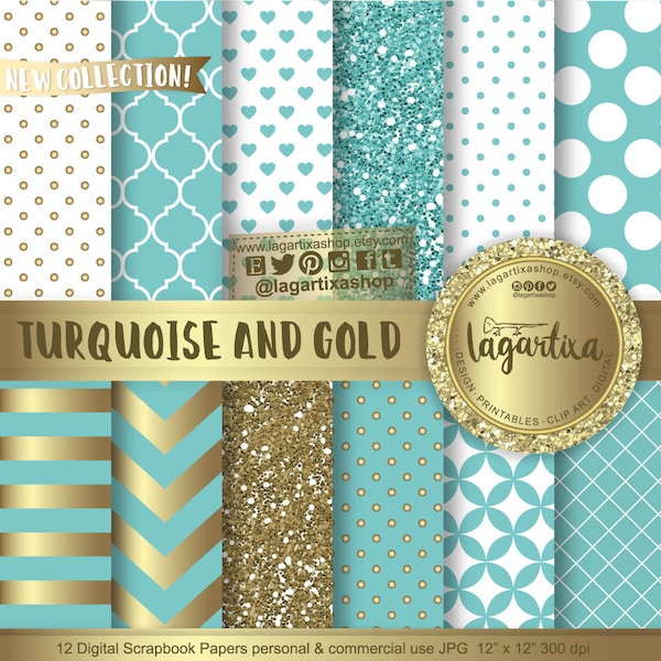 Turquoise & Gold Digital Paper Background teal Chevron Polka dots hearts Quatrefoil Scrapbooking for Blog  invitations cards