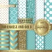 Turquoise & Gold Digital Paper Background teal Chevron Polka dots hearts Quatrefoil Scrapbooking for Blog invitations cards