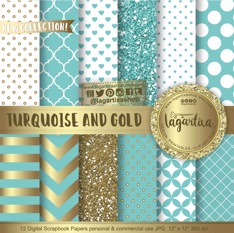 Turquoise & Gold Digital Paper Background teal Chevron Polka dots hearts Quatrefoil Scrapbooking for Blog  invitations cards 