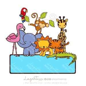 Etiqueta Safari Zoológico | zoo Azul Niño | Animales Jungla | Verano | Elefante, Jirafa, León, Tigre, Flamingo, Changuito, Guacamaya | PNG