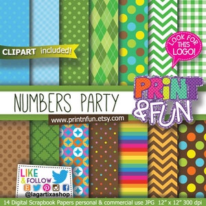 Puede incluir: Un conjunto de 14 papeles digitales para scrapbooking con varios patrones, incluyendo lunares, rayas, chevron y diseños geométricos. Los papeles son de varios colores, incluyendo verde, azul, marrón, amarillo, naranja, rosa y rojo. Los papeles son de 30,5 cm por 30,5 cm y 300 dpi. El texto "Numbers Party" y "Print & Fun" está incluido en la imagen.
