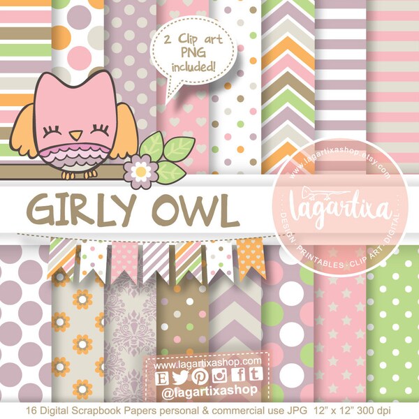 Digital Paper and Baby Shower Clip art girl cute Owl Banner Bunting Brown purple orange Beige Pink Chevron Argyle Polka dots