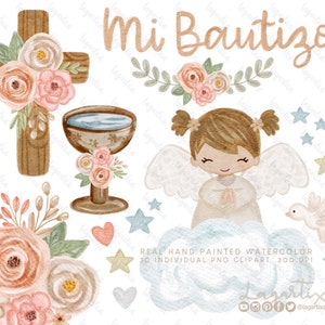 Baby Angels Girl Watercolor Baptism Floral Crosses PNG Clip art Clipart Holy Spirit Holy Water Font stars Flowers, Praying Angels in Cloud