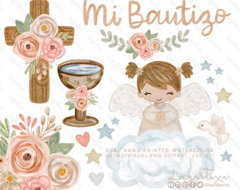 Baby Angels Girl Watercolor Baptism Floral Crosses PNG Clip art Clipart Holy Spirit Holy Water Font stars Flowers, Praying Angels in Cloud