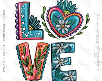 Love Word Milagritos Mexican Florals Hearts Valentine Sublimation Images Digital Files PNG Hand Drawn Doodles Colorful Fiesta Cinco de Mayo