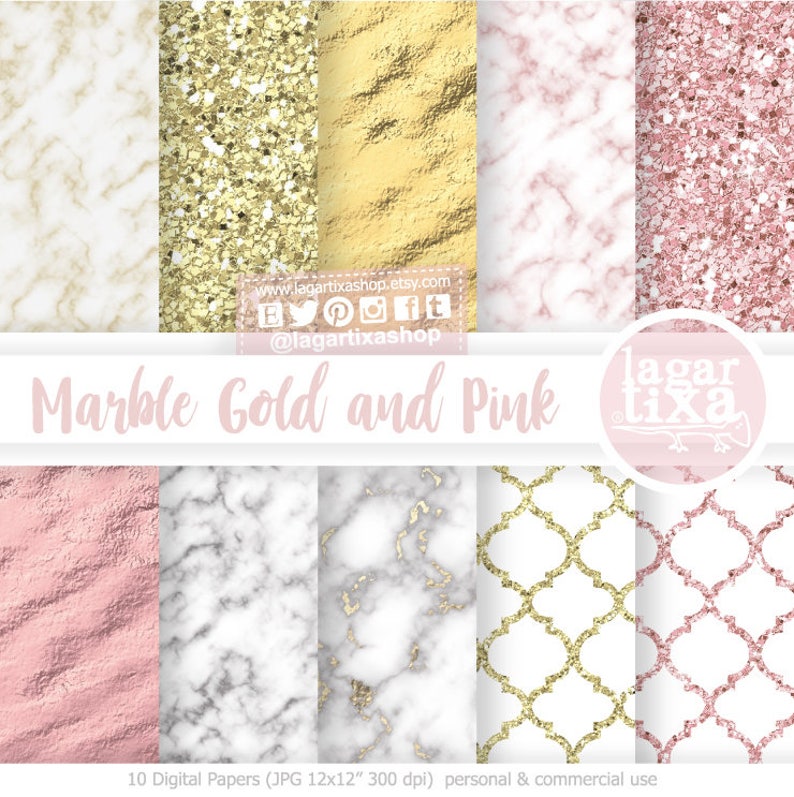 May include: Ten digital papers featuring marble, gold, and pink patterns. The papers are 12 inches by 12 inches and 300 dpi. They are for personal and commercial use.