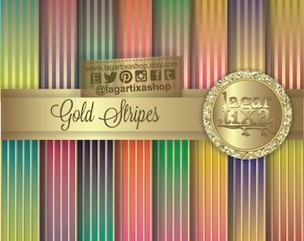 Gradient Ombre Colours Gold Digital Paper Golden Background stripes Gold Foil Gold Leaf pink green blue teal purple yellow orange