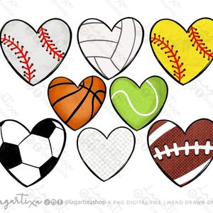 Cœurs sportifs : 8 fichiers PNG de cœurs avec des arrière-plans de basket-ball, de football, de tennis, de volley-ball et de football américain pour sublimation