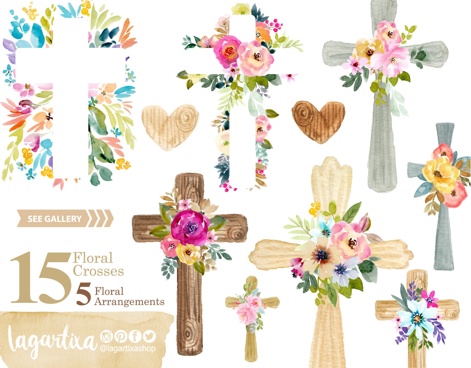 Download Watercolor Floral Crosses Png Baptism Wood Cross Clipart Etsy