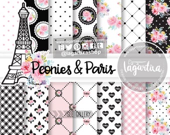 Paris Shabby Chic, Digital Paper, Pink, Black, Roses, Classy Backgrounds, Chic Patterns, glamour For Party Printables, Baby Shower, Birthday