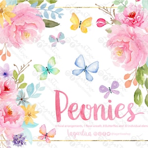 Pfingstrosen, Blumenarrangements, Schmetterlingsstrauß, rosa Blumen für Hochzeitseinladungen, Brautparty, Babyparty, Design, PNG, Clipart