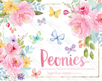 Peonies, Watercolor Floral clipart, PNG, wedding bouquet, Pink sweet arrangement, bouquet, wreath, flowers, bridal shower, for blog banner