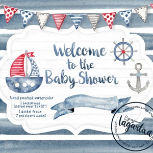 Aquarell Nautico digitale Hintergründe digitale Papier Clipart Boote Anker Timon Einladung Rahmen Baby-Dusche druckbare Etiketten