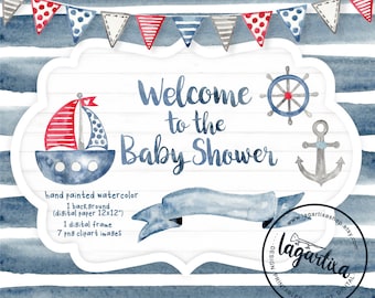 Watercolor Nautical Clipart Patterns Digital Paper Anchor Marine navy Blue Red Boat Ahoy! Baby Shower Sailor Sailboat frames white wood